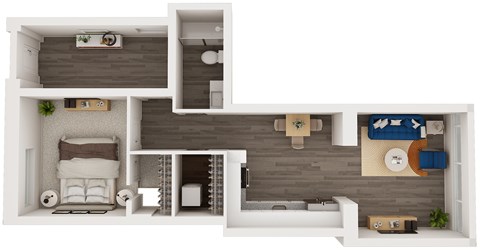 A 3D floor plan of a house with a bedroom, living room, and kitchen.